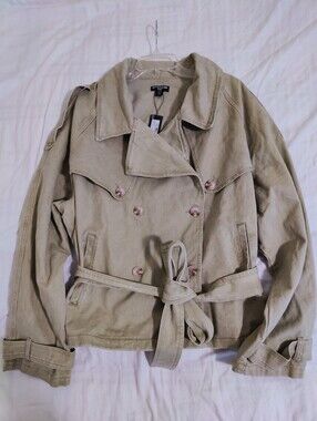PrettyLittleThings Washed Khaki Cropped Belted Button Detail Denim Trench, Sz 14